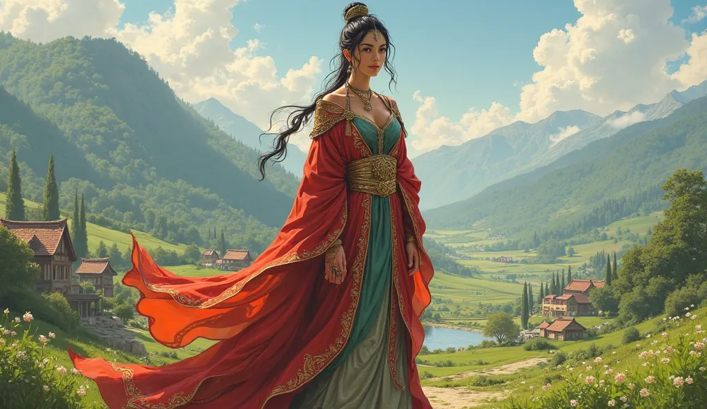 A beautiful, strong woman dressed in royal attire standing in a peaceful village with green fields around.