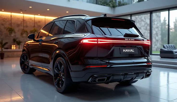 A 3D render of the 2025 Haval Jolian H7 HEV, captured from the back-side view, set in a bright luxury showroom. The car features a pure glossy black finish, reflecting the ambient lighting of the showroom. The taillights are ultra-detailed and emit a brigh...