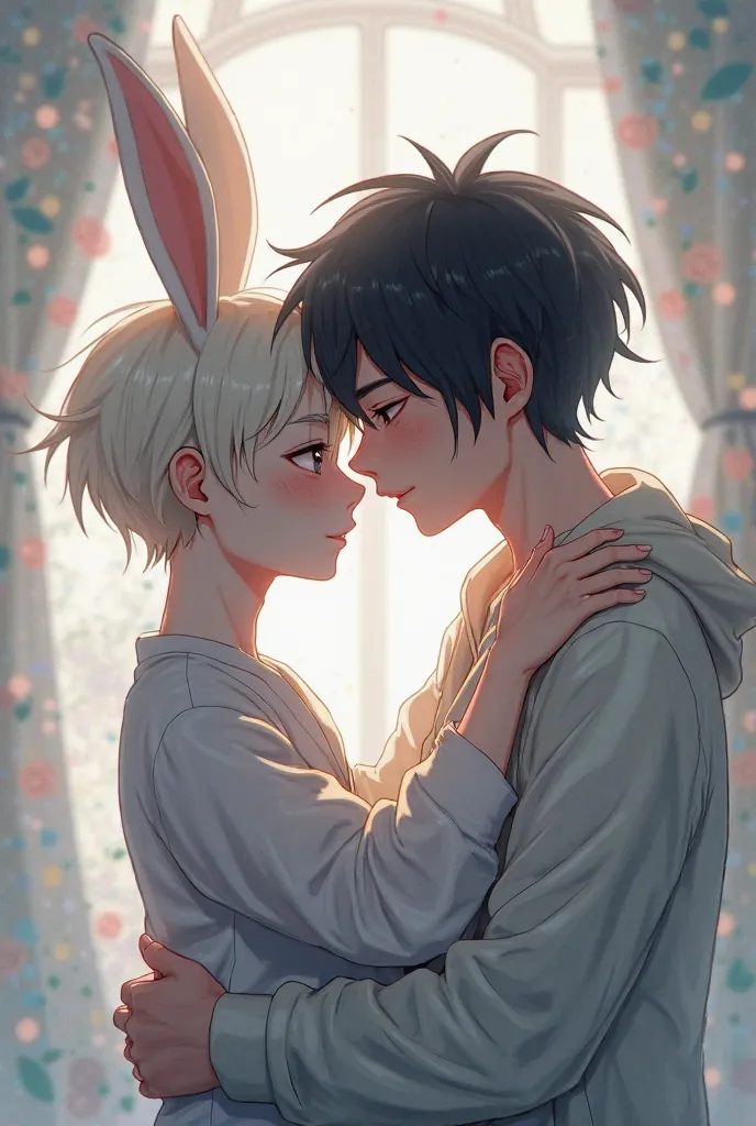 Create two men kissing, That one boy is albino and has bunny ears and the other boy who has black hair