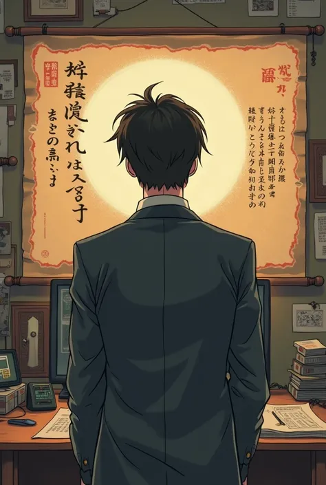 arafed image of a man in a suit on a computer screen, a picture inspired by Yasutomo Oka, trending on pixiv, shin hanga, ad image, screenshot from guro anime, anime cels, with japanese text, アニメ, trending onstudio ghibli, japanese anime, ninja scroll anime...