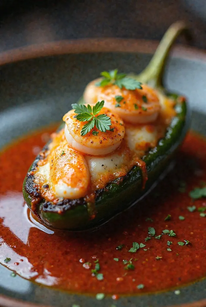 Poblano chili stuffed with shrimp and cheese , Chipotle sauce mirror