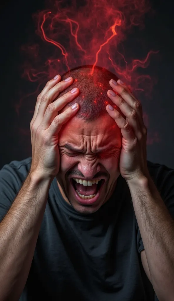 An image of a person with an expression of intense pain, with hands holding the head and neck, symbolizing severe headaches and stiffness.  around it, a faint red mist and wavy lines that illustrate fever and malaise.  The scene is dark , with light highli...