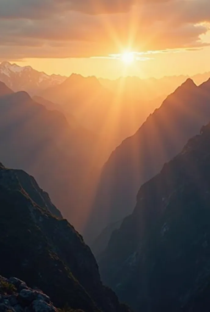 "A breathtaking sunrise over a mountain range, warm golden light illuminating the misty peaks, deep valleys stretching endlessly. Shot with a 24mm wide-angle lens (f/8) for maximum depth and sharpness. Cinematic 16:9 aspect ratio.