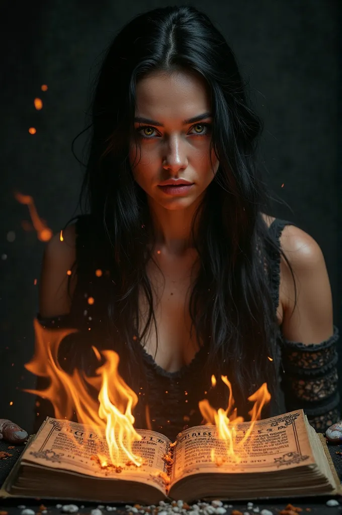 A European woman with long black hair and green eyes who burns the Quran and the background is black 