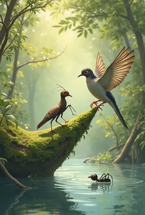 The Ant and the Dove:

One hot day, an ant was searching for some water. After walking around for some time, she came to a spring. To reach the spring, she had to climb up a blade of grass. While making her way up, she slipped and fell into the water.

She...