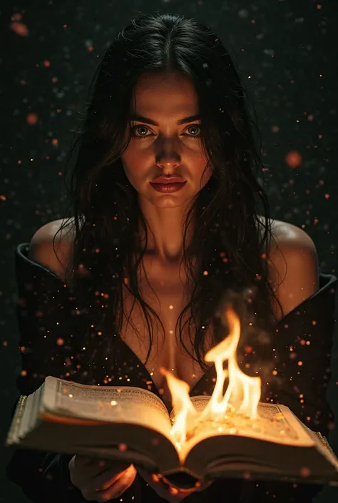 A European woman with long black hair and green eyes who burns the Quran and the background is black 