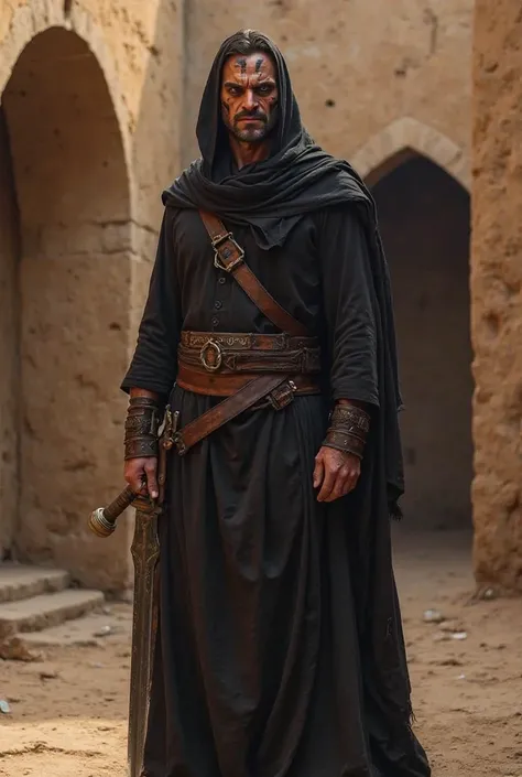 "A tall, menacing man (Taag) with a scarred face, dark piercing eyes, wearing a black robe with a leather belt, holding a curved sword, standing in a mud-walled courtyard, a cruel smile, ancient Arab warrior vibe, no modern elements."