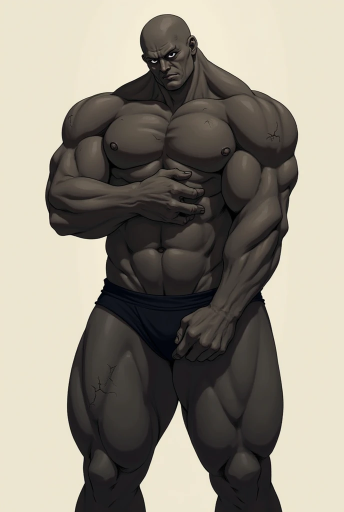 A black anime man with one with his hand over his black underwear, thick legs with a cracked abdomen 