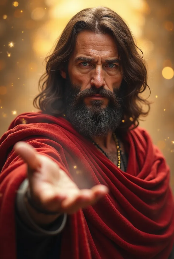 A man with a divine appearance,  long wavy dark brown hair ,  Full and well-groomed beard , with bright blue eyes that convey intensity and serenity. He wears a deep and vibrant red cloak that covers his shoulders and torso, with detailed folds and realist...