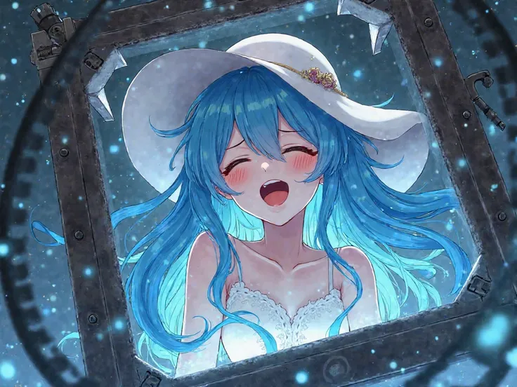 anime girl with long sky blue waterfall hair wearing big white sun hat being held hostage and tickled tortured in and by box machine laughing and screaming