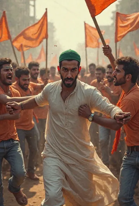 A handsome madrasa student wearing a white Panjabi and a green cap is being beaten by a group of Hindu youths carrying saffron flags. Each Hindu youth has a tilak on their forehead

