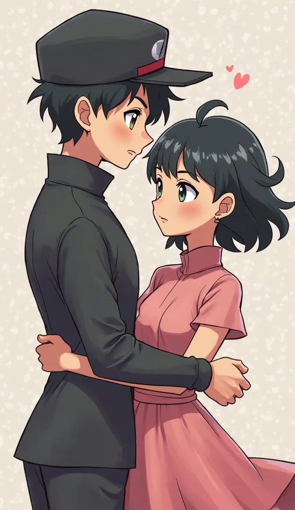 Create a Pokémon-style full art illustration of a couple, the pale-skinned male boy, black hair, Honey-colored eyes and black cap and the girl medium skinned woman, black hair medio corto con fleco y falda y blusa rosa 