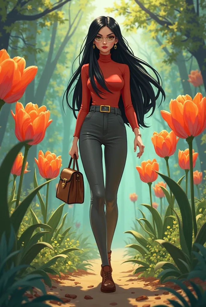 Make me a stylish female animated character from the video game Cuphead with long black hair, Hazel eyes with lenses, walking through a forest with smiling tulips