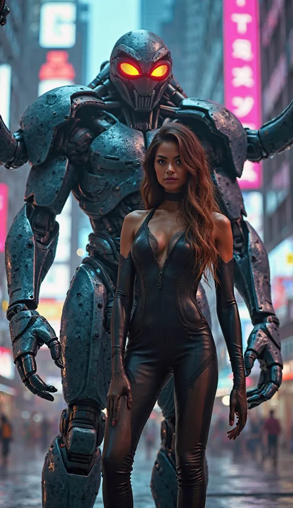 "Zendaya and Doctor Octopus stand side by side in a futuristic cityscape, the neon lights reflecting off their sleek outfits. Zendaya, dressed in a modern, form-fitting black bodysuit, exudes elegance and confidence, while Doctor Octopus towers beside her,...