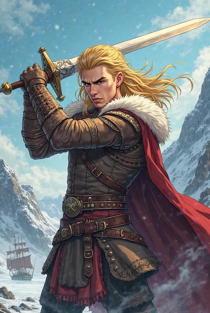 Draw a blonde Viking with a sword in hand in anime style( without beard) 