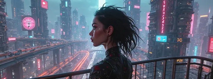 1200x134px ccyberpunk city skyline a futuristic girl looking at the view
