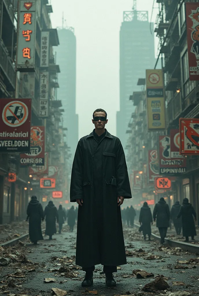 "A dystopian city with broken 'forbidden' signs, people ignoring traffic regulations and a judge incorrectly blindfolded, as if I didn't want to see illegality."