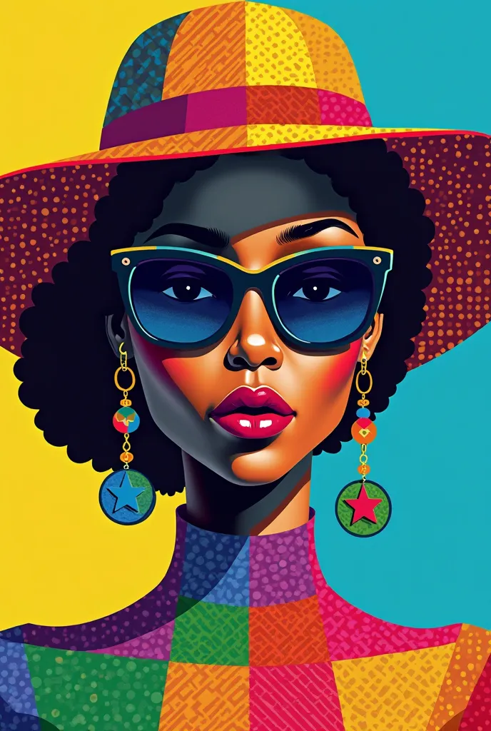 Create a vibrant and colorful digital image that depicts a stylized portrait of an African woman wearing a wide-brimmed hat and large, dark sunglasses. The artwork is characterized by a patchwork of bold, geometric shapes in bright colors such as red, yell...