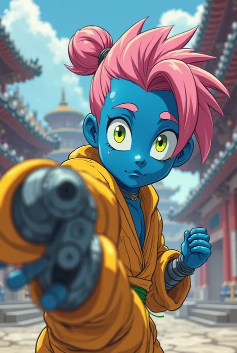 
close up shot of anime cartoon of a male kicking his face. He has all blue skin. Pink hair in a manbun with shaved sides, pink eyebrows, a small hoop nose ring, neon green and yellow eyes wearing yellow karate suit. He has a right robotic arm. Only his ri...