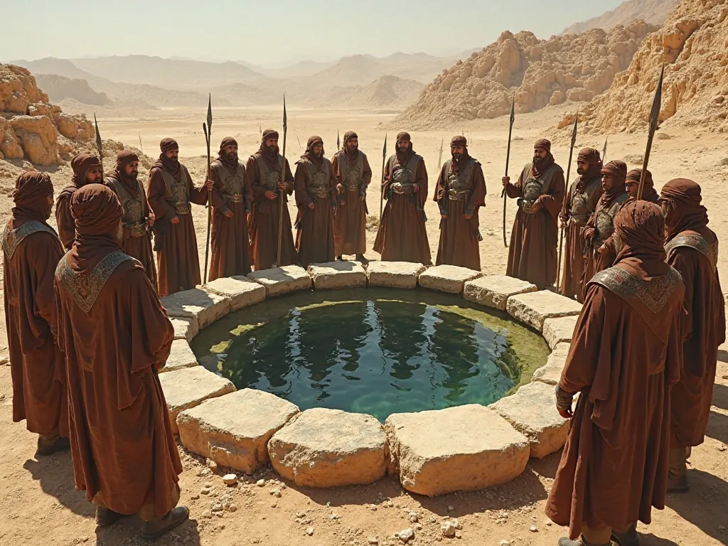 "A stone well with clear water, surrounded by armed guards in brown leather tunics and turbans, spears in hands, dry desert landscape around, ancient Quranic-era setting, no modern objects, harsh sunlight casting shadows."