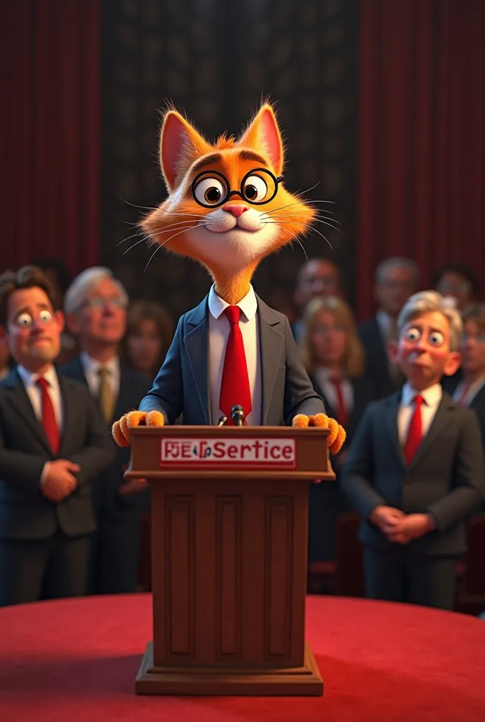 In an elegant stage of the presidential debate, the Cat President, with his red tie and round glasses, stands behind a lectern with the campaign logo. His expression is calm and safe. On his side, two human politicians dressed in dark clothes look at him w...