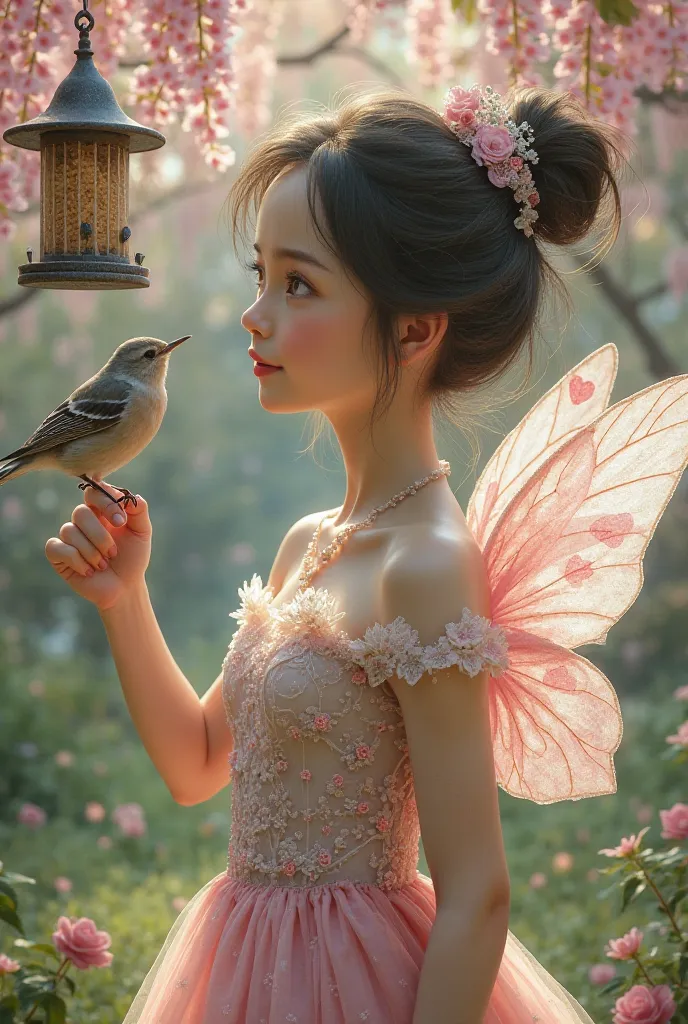 "A photo realistic image of a whimsical, There is a beautiful fairy with an Asian face, details of her naturally beautiful face. side view of a beautiful fairy with sparkling wings, a messy bun, in a garden with apple blossom trees and wisteria. She is wea...