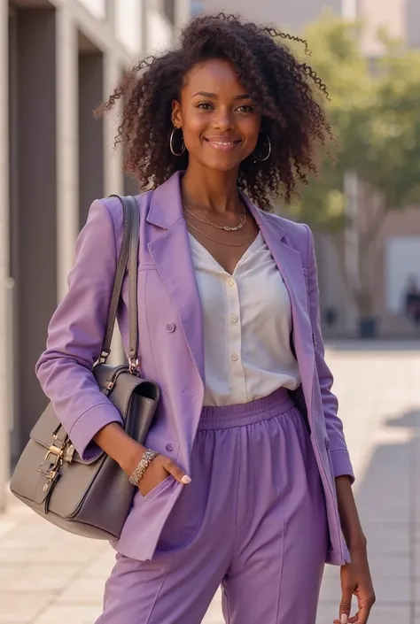 Brown skinned designer girl with casual and stylish outfit with purple details in a pose