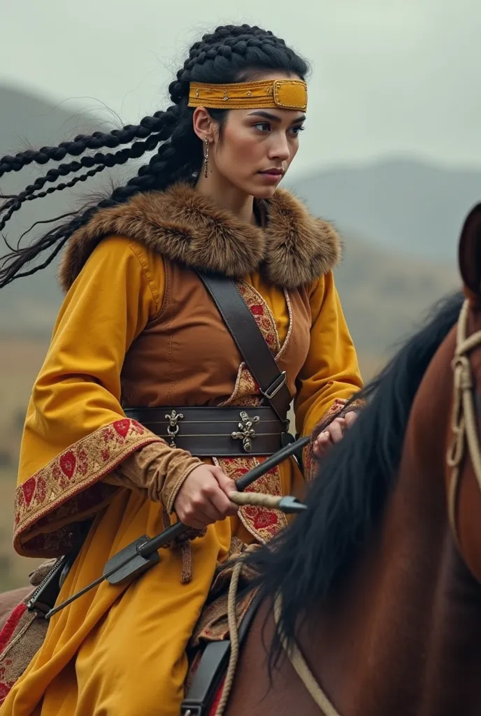 Hunnic princess riding a horse, is wearing a long yellow long-sleeved shirt with red patterns on the edges of the sleeves, A brown jacket with fur trim around the edges. The jacket is surrounded by a brown leather belt. The princess has black hair braided ...