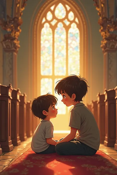 Inside of the church, little brother having a conversation with his older brother, sitting in the side pew chairs, 3rd person pov(at their back) (cartoon)