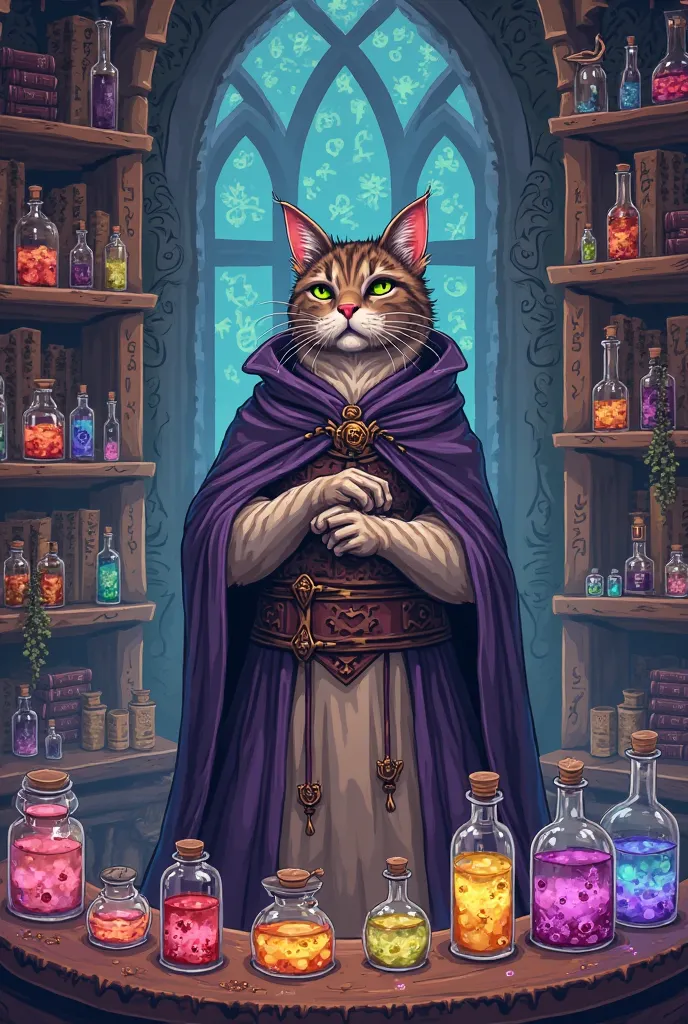 Un chat vendeur de potions dans un style jeux-vidéos rpg 