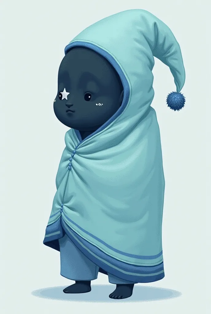 Astro is a light aqua crescent moon. The left side of his face is pitch-black with a white star eye. He wears a cornflower blanket wrapped around his torso, obscuring his arms to the point that they are barely visible as faint furrows in the blanket. Howev...