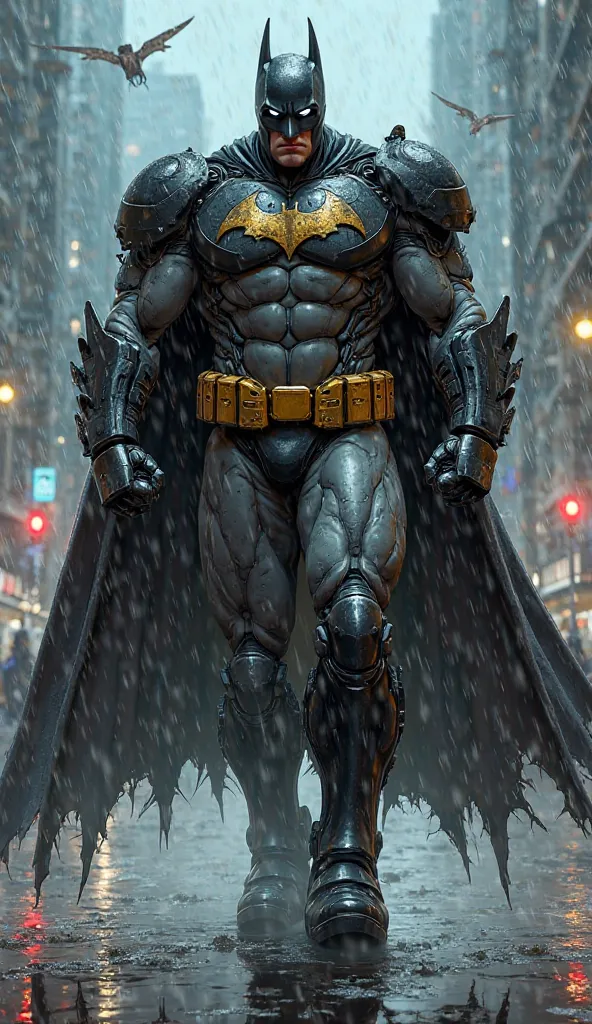 Batman, reimagined in the dystopian cyberpunk year 3000, is a towering 10-foot-tall hybrid of raw muscle and mechanized warfare, his physique monstrous like the Hulk, yet his face remains unmistakably Bruce Wayne, hidden beneath a reinforced, battle-worn c...