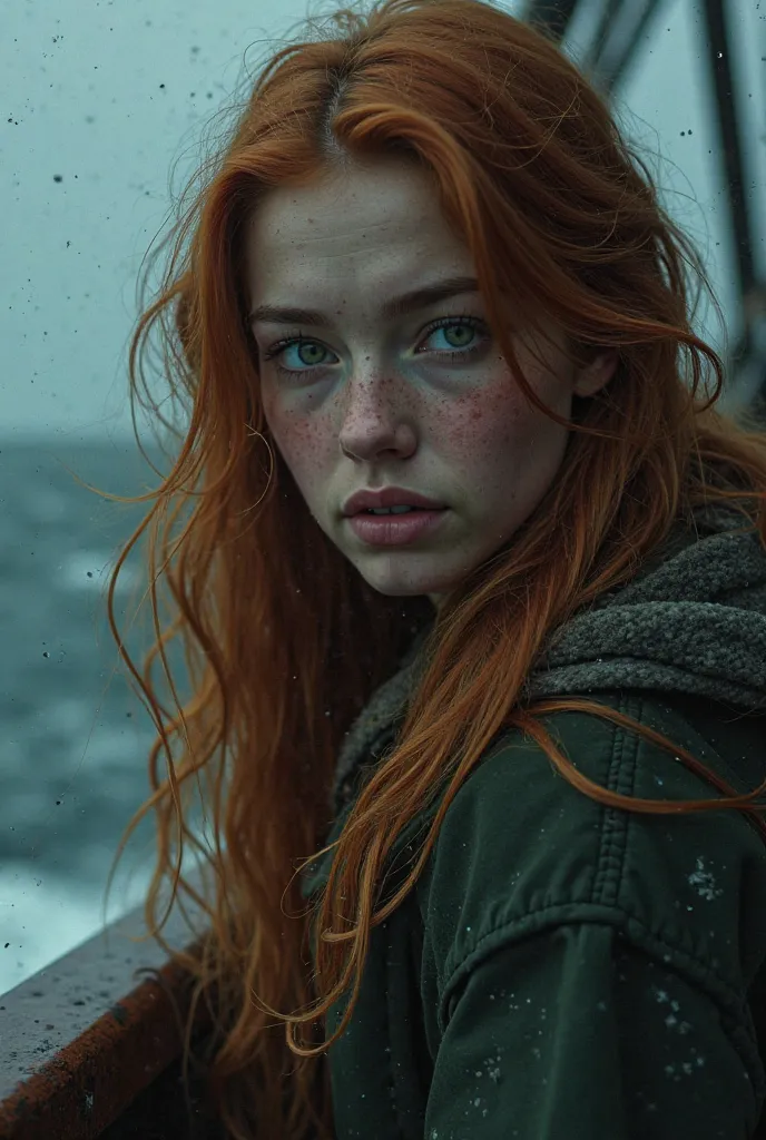 there is a simple-looking young woman, with long, reddish hair that shines softly in the moonlight.  Her face has delicate features , with intense green eyes that reflect anxiety and the struggle for survival. She's on a ship in the midst of chaos—the boat...