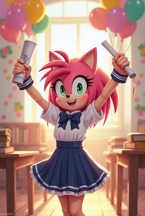 Amy Rose in student school clothes with a diploma