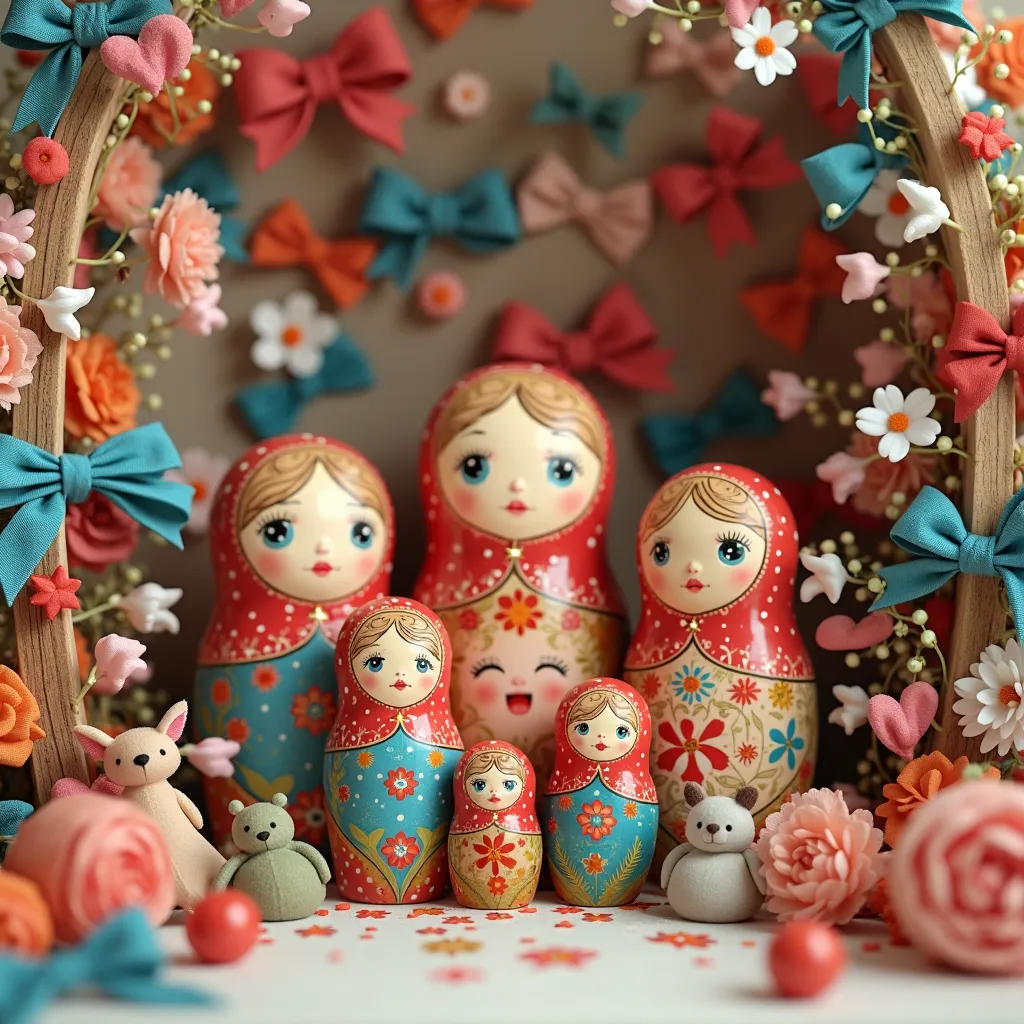 Matrioskas dolls in the middle of bows and toys with flowers