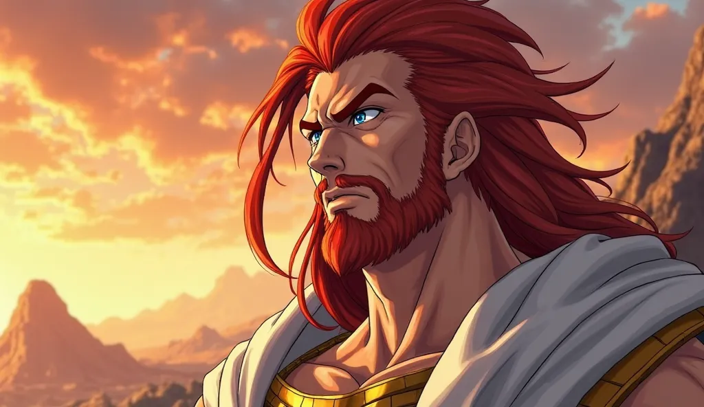 Shonen anime style, dynamic scenes of Samson (muscular man, long red hair, bright blue eyes, wearing a white and gold tunic) and looking at the horizon with determination. Dramatic lighting, vibrant colors, realistic details in muscles and intense expressi...