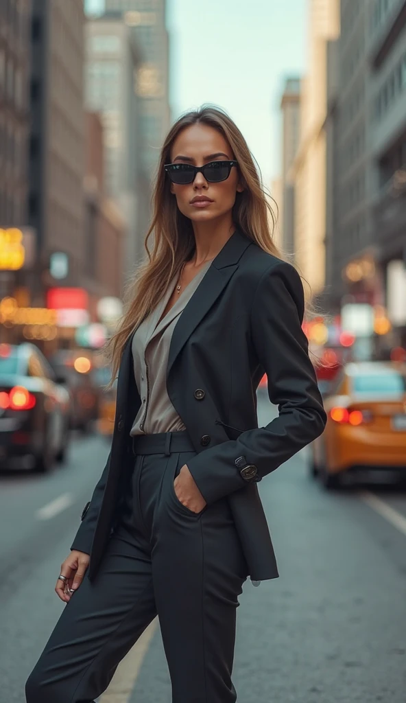 A stylish female model posing confidently in a modern urban setting. She is wearing a trendy outfit with a fashionable jacket, sunglasses, and stylish shoes. The background features a blurred cityscape with beautiful lighting, giving a high-end photoshoot ...