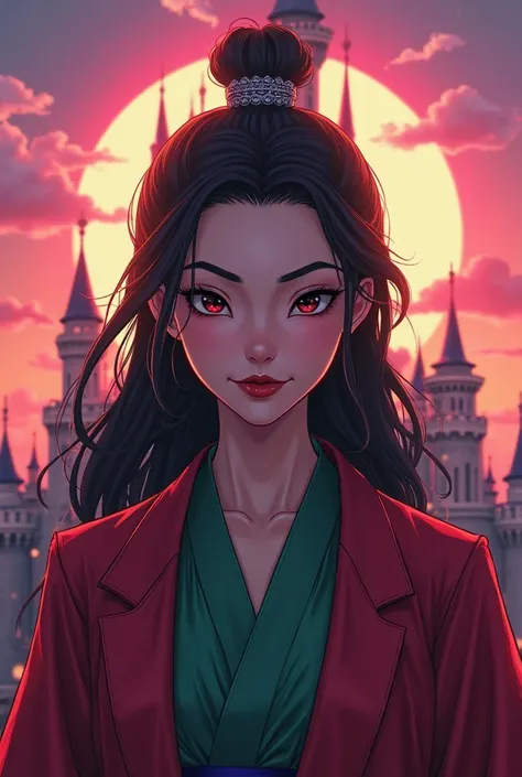 Mulan hybrid fusion with Joker, walking, front view, Disney Pixar style, big eyes, japanese cartoon styles, intricate details, cinematic rendering, art by Eli Roth, Disney castle in the background, beautiful sunny day, blue sky, , glow and cozy lighting, m...