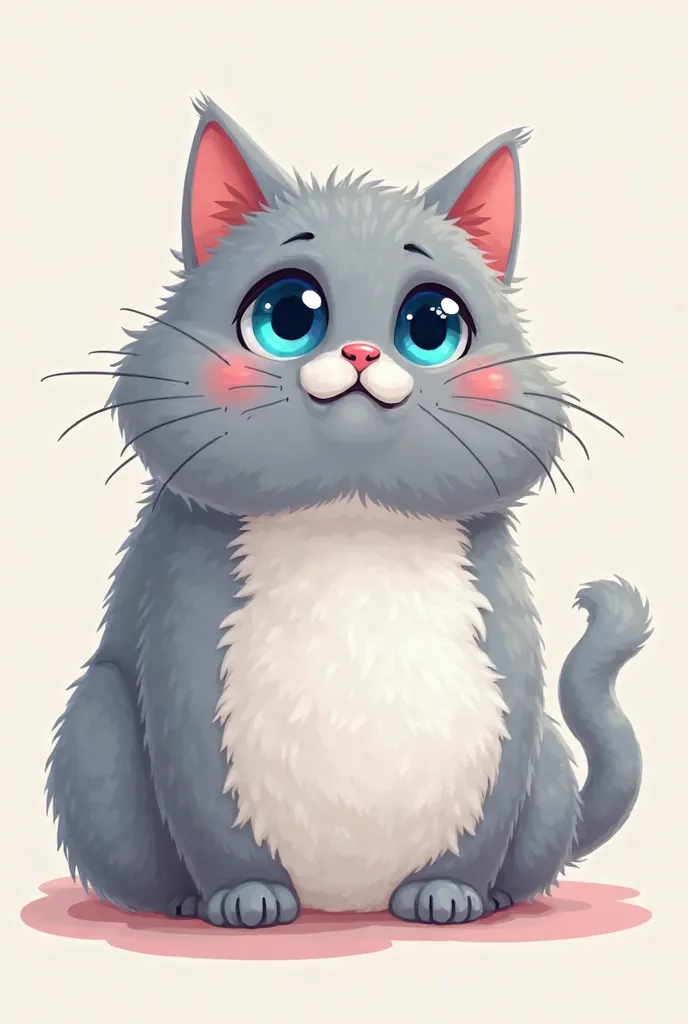 A gray cat with a furry white,  with blue eyes,  cartoon style image 