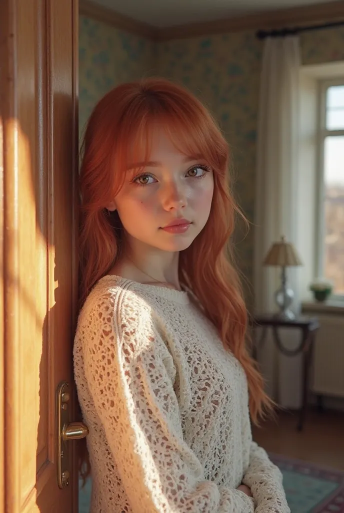 a red-haired girl, ( red hair)  innocent appearance , without makeup,  wearing a transparent white ,  lace sweater, warm, Realistic sfw proportions, opening the door to her house,  character in his natural pose, sweet pose, best quality , High resolution, ...