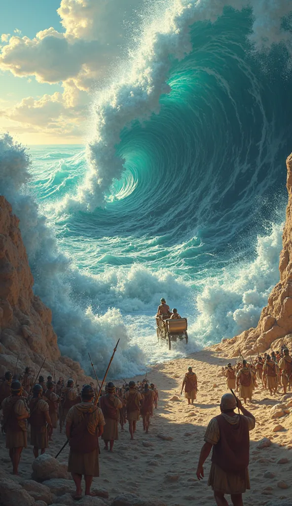 A moment of great impact in the middle of the Red Sea. in the center, the walls of water begin to crumble with colossal force, huge waves falling on Egyptian cars trapped on the path. Ramses II , in their war chariot, watch with horror as the gigantic wave...