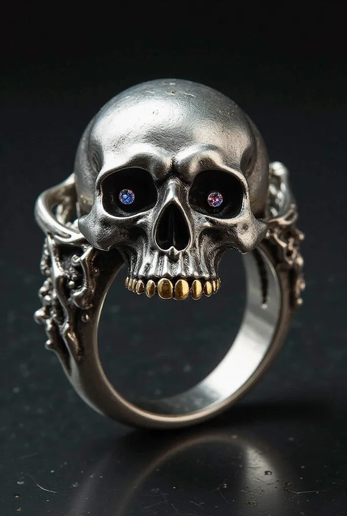 college ring, skull design silver, eyesocket gemstones,missing tooth replace with gold toth