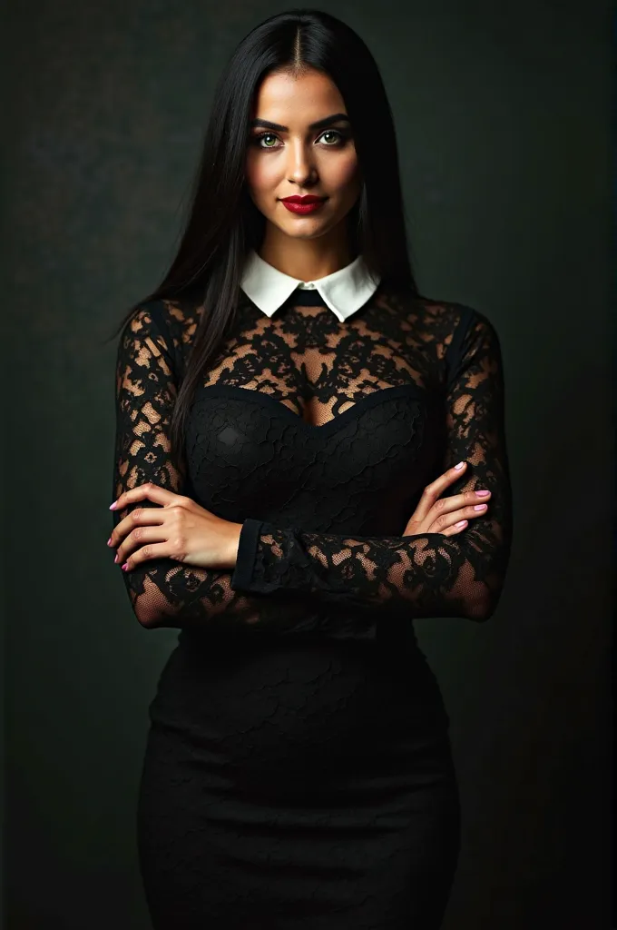 A photo-realistic shoot from a portrait camera angle about a confident woman in a black lace dress with a white collar, standing confidently with her arms crossed. the image also shows a dark, moody background with soft lighting. on the middle of the image...