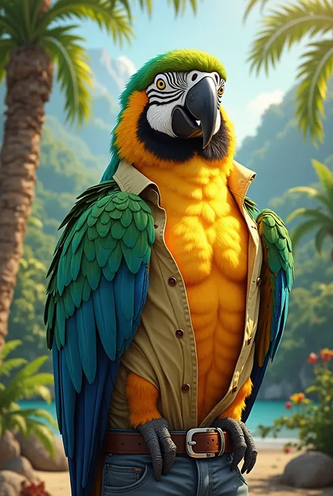 Create an image of a parrot in the colors of Brazil (green,  yellow and blue) who is spotted. He is wearing a semi-open button shirt, showing his muscular chest. The parrot must have a confident and cheerful expression, as if proud of his physical form. Th...