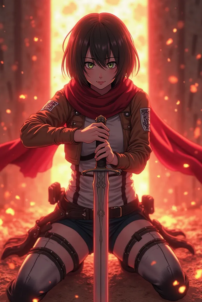 Mikasa Ackerman, Attack on Titan, scarf on the neck red, epic pose, holding in both hands each a sword made of medium blades,  knees and hands On the floor , fire in the background, Realistic light, Lights, epic cinematic borders, anime, 2d,  Perfect , 128...