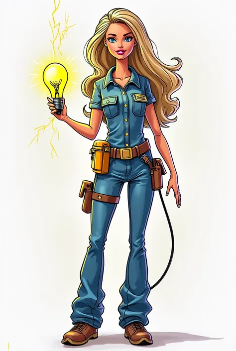 Create an electrician barbie to color with a light bulb in her hand easy to draw and black the strokes 