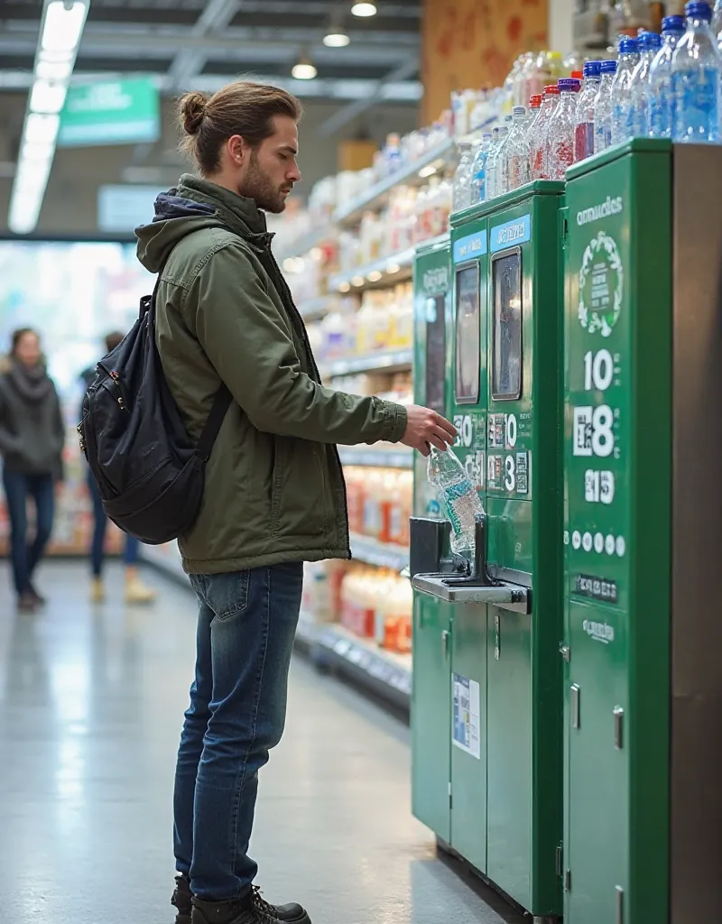 creates an atmosphere with a high sense of recycling、Pfund（Deposit ）The person in casual clothes。bottle into the machine slot、moves to put a supermarket shelf or。in the background、with other shoppers。looks like a person putting an empty PET bottle in an au...