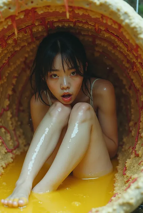 Realistic pretty dark-haired Japanese girl in white lingerie, shocked, tongue-wagging, skin full of white mucus, sitting curled up, knees raised (Kneeling, bending knees) In a round capsule, like a dark ball, wrinkled, wet, organic flesh, a network of bloo...