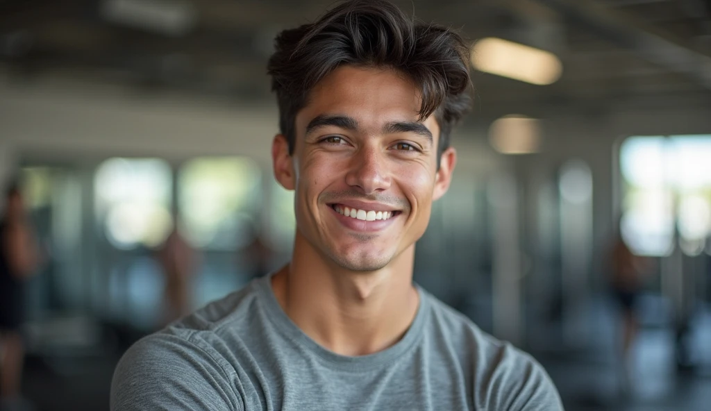 “Photorealism, close-up of an attractive young man (about 19 years ), dark hair,  fit figure . clothed : T-shirt with the gym logo and shorts,  on her face a friendly smile, confidence in the eyes.  The background is slightly blurred , , you can see exerci...