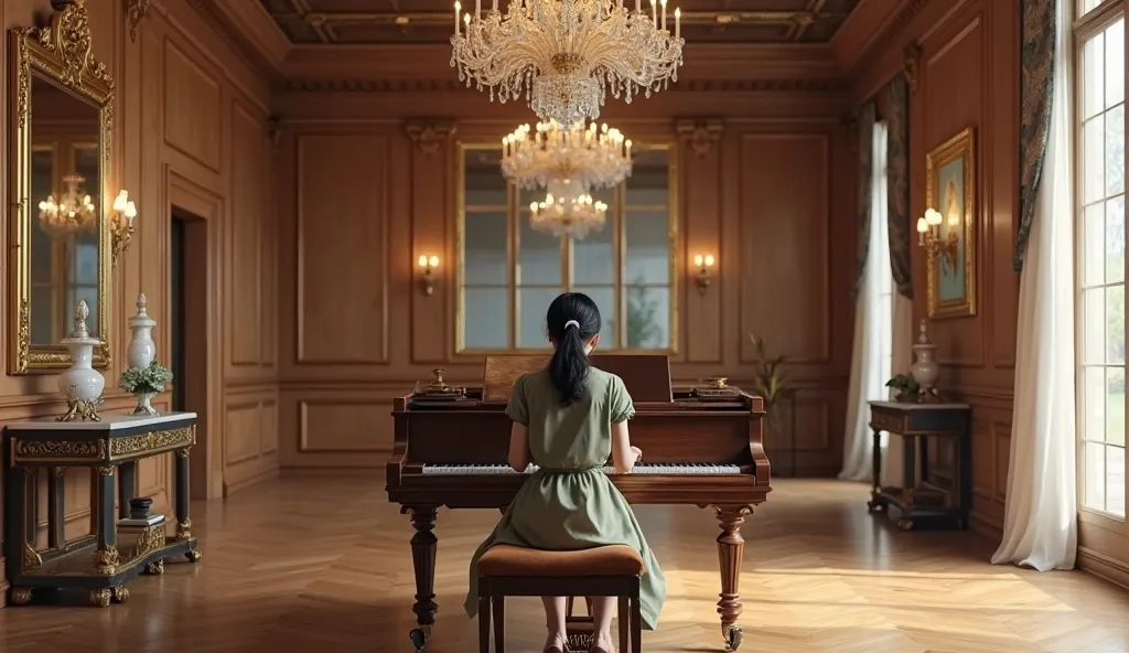 The back side of a beautiful young Thai woman sits playing a valuable upright piano in the Victorian style made of rosewood by Steinway. She has a clean face, pale white skin, black hair and a wavy ponytail hairstyle, wearing a plain and simple midi, all o...